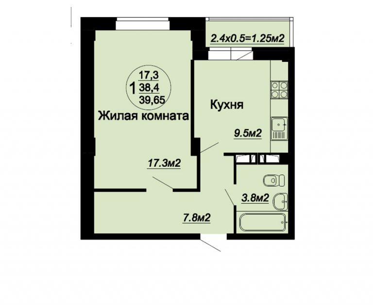 1 ком 39.65 м2 этаж 1-5 1 комната