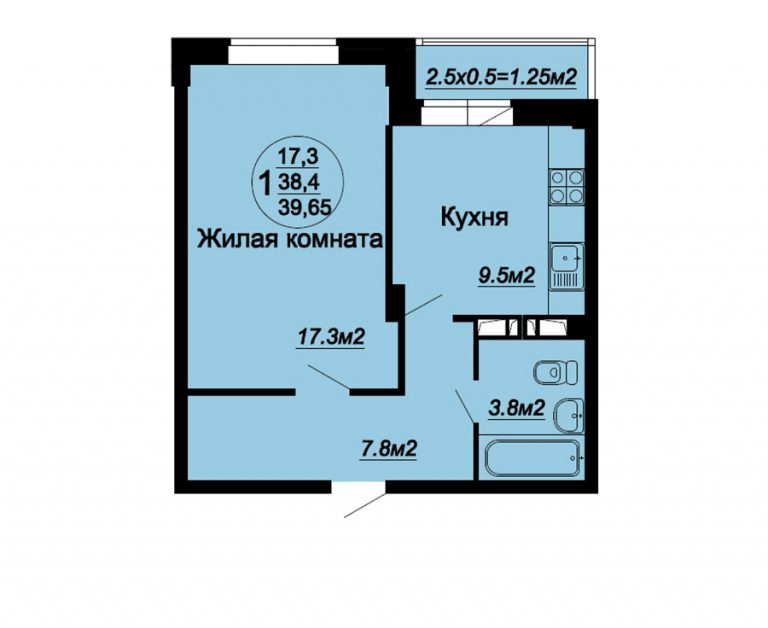 1 ком 39.65 м2 этаж 1-5 1 комната