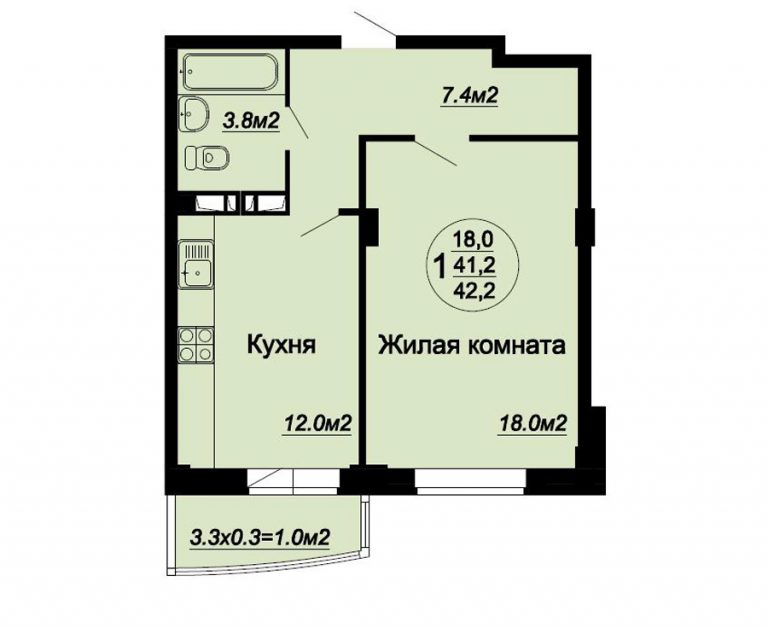 1 ком 42.2 м2 этаж с 1-5 1 комната