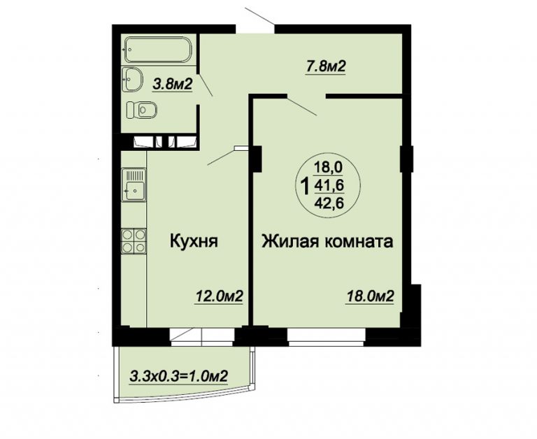 1 ком 42.6 м2 этаж с 1-5  1 комната