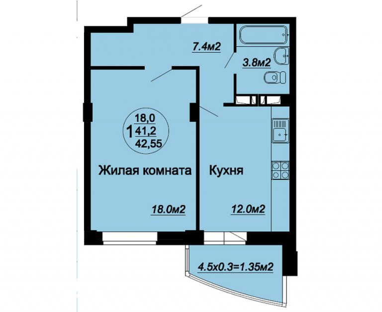 1 ком 42.55 м2 этаж с 1-5 1 комната