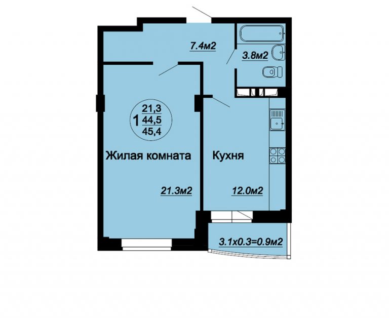 1 ком 45.4 м2 этаж с 1-5 1 комната