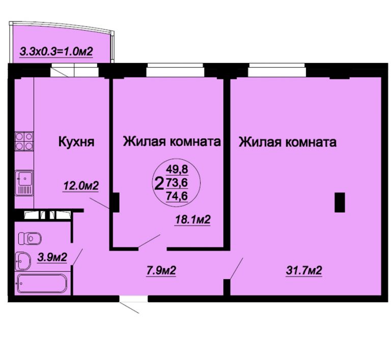 1 ком 74.6 м2 1 этаж  2 комнаты 