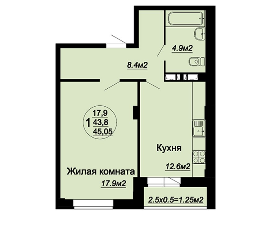 1 ком 45.05 м2 этаж с 2-5 1 комната 