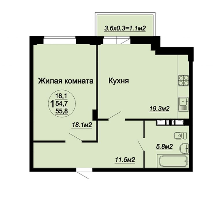 1 ком 55.8 м2 этаж с 2-5 1 комната 